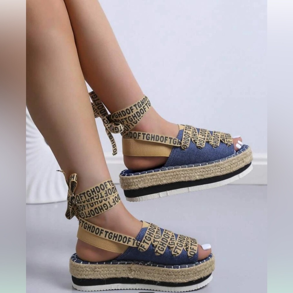 Women Letter Graphic Espadrille Sole Sandals, Polyester Strappy Flatform Sandals